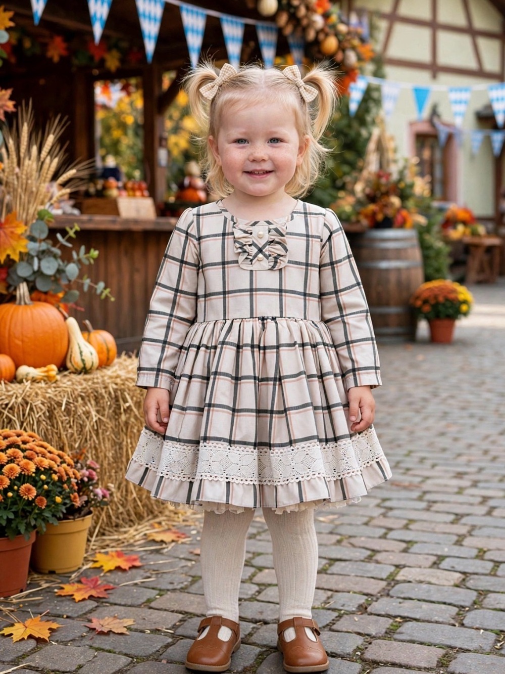 Boutique Be Girls Clothing Plaid Oktoberfest Dress Beige and Black, Lace Trim